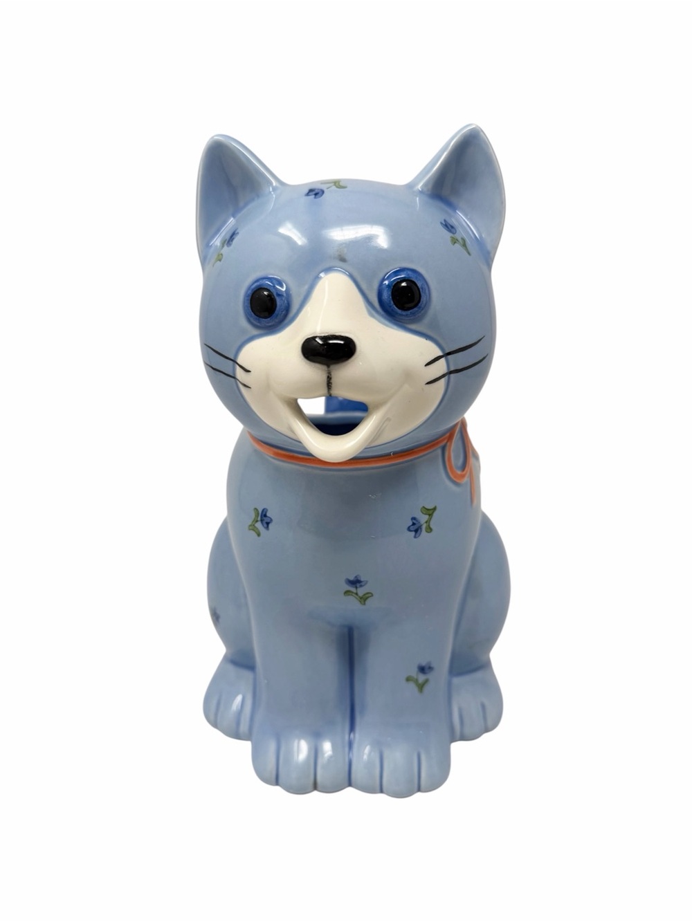 Vintage Otagiri Blue Ceramic Cat Pitcher with Flowers Cottagecore